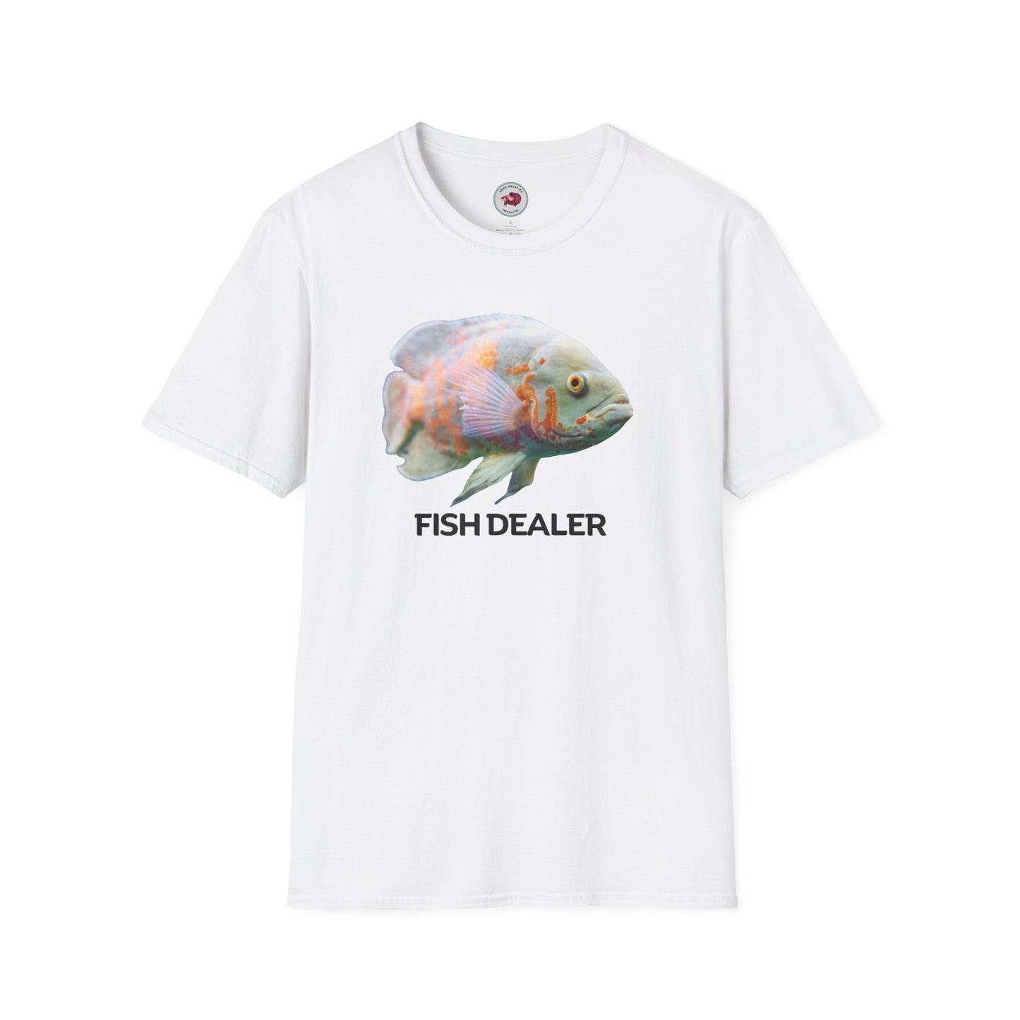 Oscar Cichlid Fish Dealer Unisex Softstyle T-Shirt by ADHD Aquatics